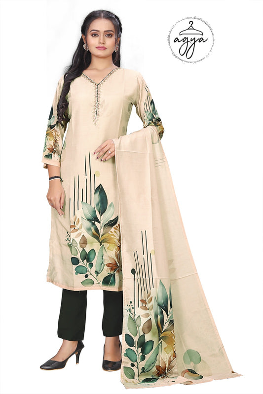 AGYA Graceful Muslin Kurti Set - Leaf Print Elegance